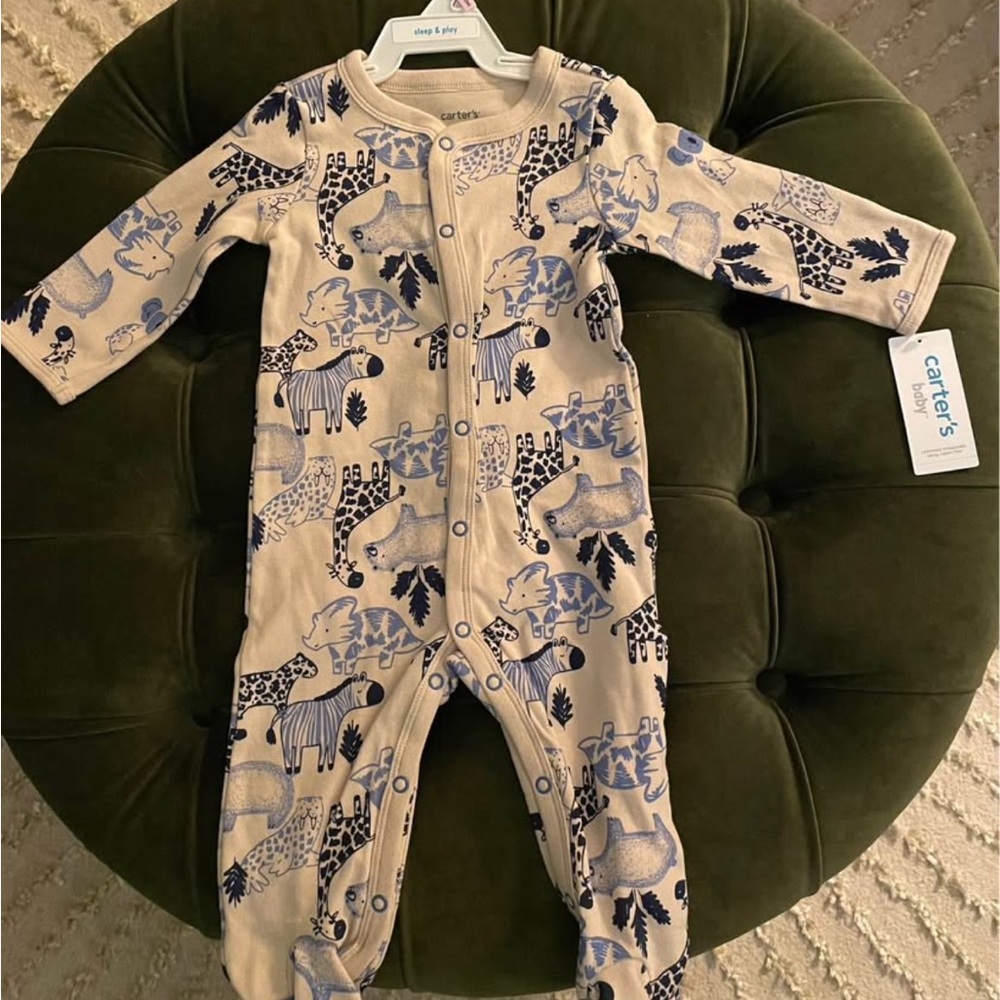 New Carter's Beige and Blue Safari Print Onesie - 9 Months